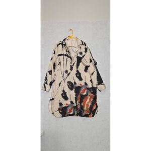 HALFHEART Abstract Tie Dye Oversized Button Down Shirt Dress Champagne Small
